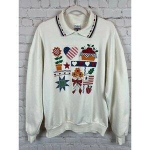 GOPHER vintage white collared knit pullover sweater top hearts floral size L